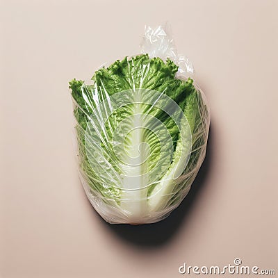 Lettuce wrapped in a plastic bag on solid white background. ai generative Stock Photo