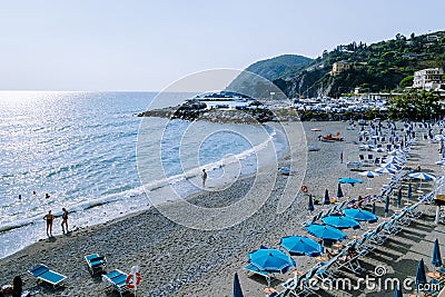 Levanto Cinque Terre colorful villag Italy, colorful beach with umbrella during summer holiday Editorial Stock Photo