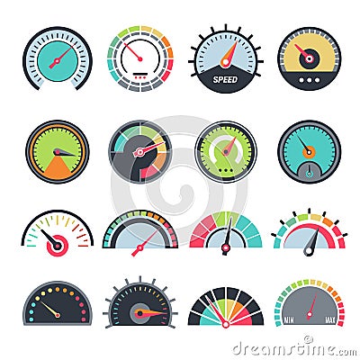 Level measure symbols. Speedometer guage indication fuel vector infographic symbols collection Vector Illustration