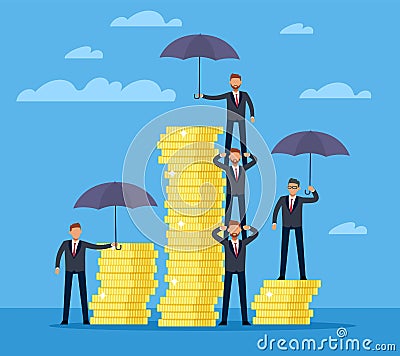 Level of protection of your finances. People in suits hold umbrellas over stacks of gold coins, bank deposit insurance Vector Illustration