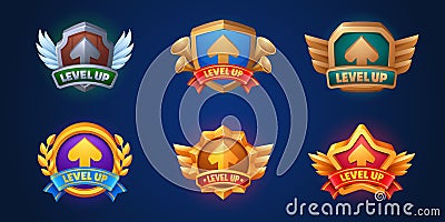 Level up game reward banner with ribbon and sign. Vector Illustration