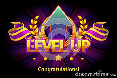 Level UP icon, game screen. Vector illustration with arrow and puple award ribbon. Graphical user interface GUI to build Vector Illustration