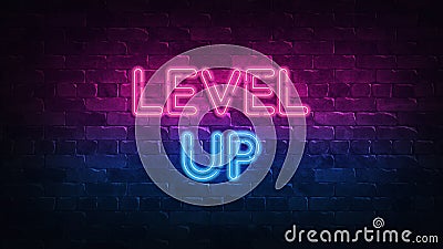 Level Up neon sign. purple and blue glow. neon text. Brick wall lit by neon lamps. Night lighting on the wall. 3d render Cartoon Illustration