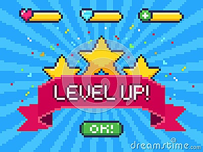Level Up screen. Pixel video game achievement, pixels 8 bit games ui and gaming level progress vector illustration Vector Illustration