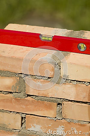 Leveling the masonry bricks Stock Photo