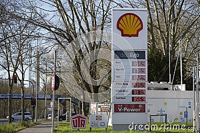 Leverkusen, NRW, Germany, 02 23 2022, gasoline price scoreboard of Shell gas station Editorial Stock Photo