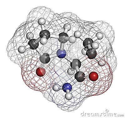 Levetiracetam epilepsy (seizures) drug molecule. S-isomer of etiracetam. Atoms are represented as spheres with conventional color Stock Photo