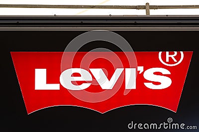 Levi's shop sign logo at Ashford Outlet Center, Kent, England, UK. Editorial Stock Photo