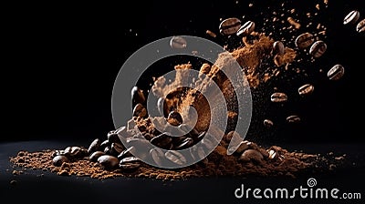 levitate explosion of ground coffee with roasted beans on black background. Generative Ai Stock Photo
