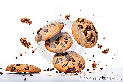 Levitating chocolate chip cookies against a neutral white surface. Generative AI Stock Photo