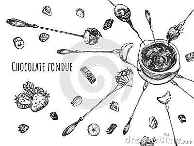 Levitating chocolate fruit fondue Vector Illustration