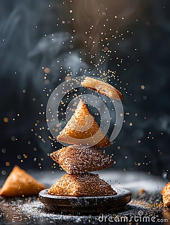 Levitating Sesame Samosas with a Dynamic Splash of Spices Against a Dark Moody Background for Culinary Concepts Stock Photo