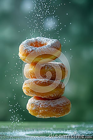 Levitating Sugared Doughnuts with Powdered Sugar Sprinkling on a Moody Green Blurred Background Stock Photo