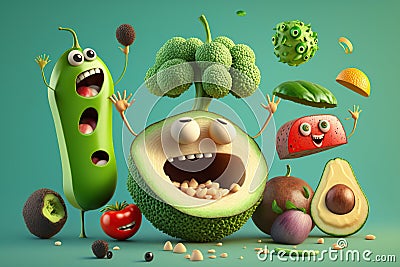 Levitation of cartoon foods screams, mouth open vegetables and fruits selection characters Stock Photo