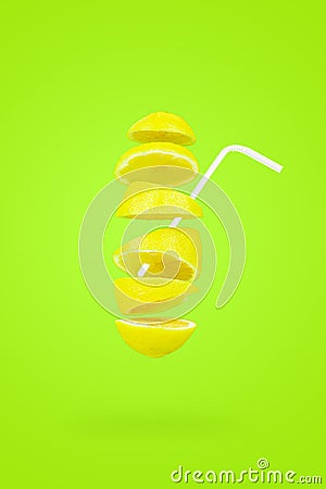 Levitation creative image with whole slices fresh lemon falling suspended in the air, zero gravity food conception Stock Photo