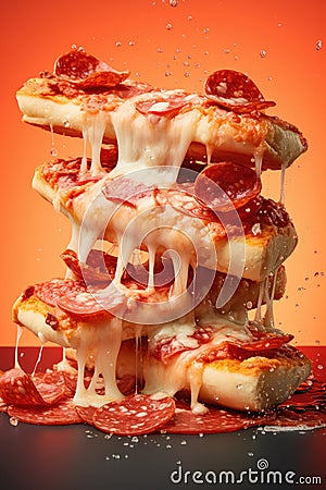 Levitation slices of pizza on black background, AI Generated Stock Photo