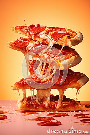 Levitation slices of pizza on black background, AI Generated Stock Photo