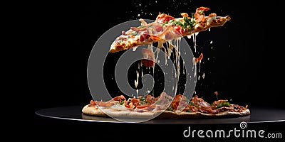 Levitation Of A Pizza On A Black Background Creating An Intriguing And Artistic Culinary Image Stock Photo