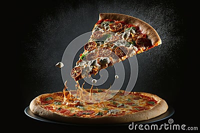 Levitation pizza on black background Generative AI Stock Photo