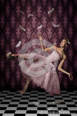 Levitation shot of a Woman and Feathers Stock Photo