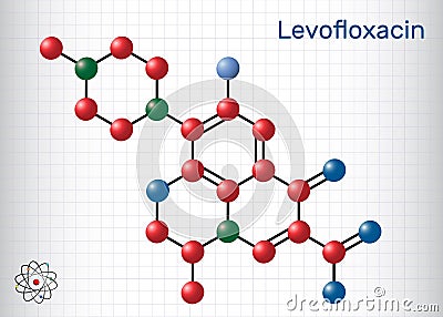 Levofloxacin, fluoroquinolone antibiotic molecule. It is used to treat bacterial sinusitis, pneumonia. Structural chemical formula Vector Illustration