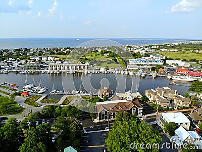 Lewes, Delaware, U.S.A - June 2, 2019 - The aerial view of the beach town, fishing port and waterfront residential homes along the Editorial Stock Photo