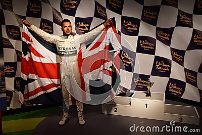 Lewis Hamilton MBE wax statue at Madame Tussauds Dubai on Bluewaters Island in Dubai, UAE Editorial Stock Photo