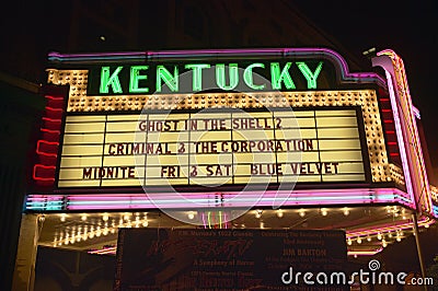 Lexington Kentucky neon marquee sign for movie theater saying Kentucky Editorial Stock Photo