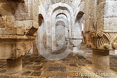 Leyre, Spain - August 10, 2019 : Interior of the ancient romanesque crypt of the Church of Holy Savior of Leyre Iglesia Editorial Stock Photo