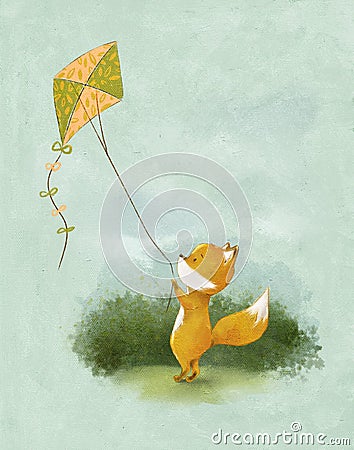 Cartoon drawing of a cute little fox playing with a kite, a bushman summertime fun Stock Photo