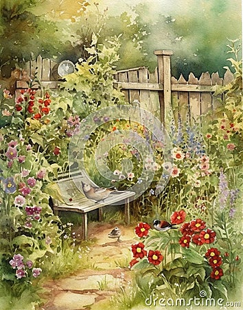 magical watercolor summer garden with flowers and vegetables, vintage postcard, watercolor garden background Stock Photo