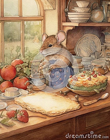 watercolor drawing mouse chef cooks in the kitchen, forest house Stock Photo