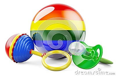 LGBT adoption concept, rainbow gay flag with pacifier and baby rattle. 3D rendering Stock Photo