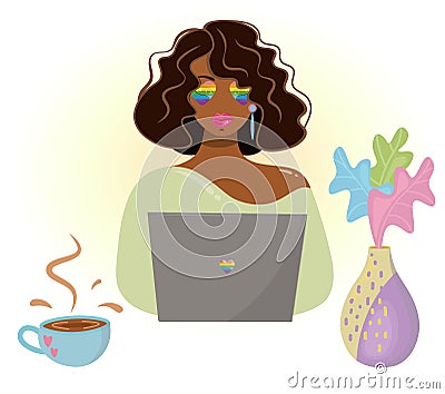 LGBT African American girl working at the computer. Vector portrait of a woman in glasses of rainbow colors, lgbt symbol Vector Illustration