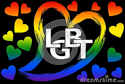 LGBT banner, grunge big heart drawing and small hearts, rainbow colors on black background, white letters LGBT inside Vector Illustration