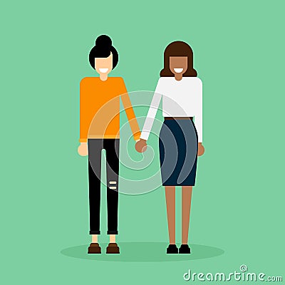 LGBT community concept, young women couple holding hands together Cartoon Illustration