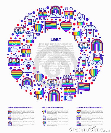 LGBT concept in circle with thin line icons: gay, lesbian, rainbow, coming out, free love, flag, support, stop homophobia, LGBT Cartoon Illustration