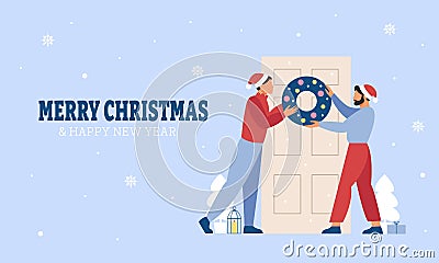 Lgbt couple decorates house for the holiday celebration Vector Illustration