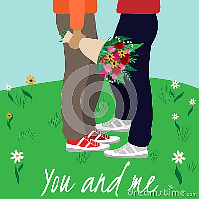 LGBT couple or family with a bouquet of flowers. Vector Illustration