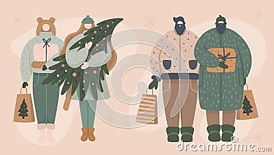 LGBT Couples and families buying and holding Christmas gifts Vector Illustration