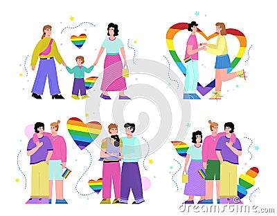 LGBT couples with rainbow symbols set of flat vector illustration isolated. Vector Illustration