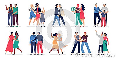 LGBT couples. Romantic gay couple date, happy people hugging and dancing together. Gays and lesbians couples with Vector Illustration