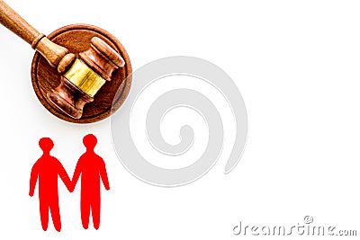 LGBT divorce. Judge gavel, male couple on white background top-down copy space Stock Photo