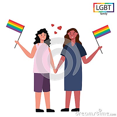 LGBT family two girls holding rainbow flags at the parade - Vector Cartoon Illustration