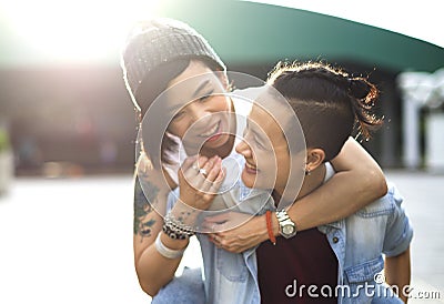 LGBT Lesbian Couple Moments Happiness Concept Stock Photo