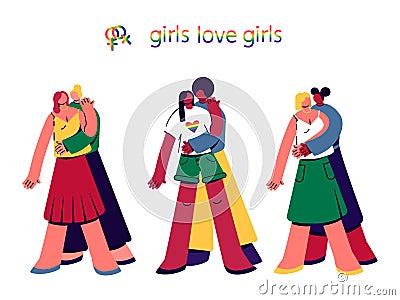 LGBT 3 lesbian couples. Month of pride. Symbols of Love. Vector Illustration