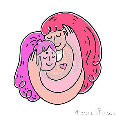 LGBT Lesbian family concept. Kiss and hug sticker Vector Illustration