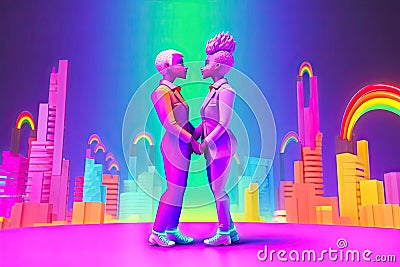 LGBT LGBTQ nonbinary couple married in the Metaverse. Metaverse Avatar on homosexual wedding ceremony the Metaverse virtual Stock Photo