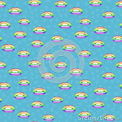 LGBT lips pattern. Girl`s rainbow mouth on a blue background. Versatile uses wallpaper, packaging, gift wrapping paper Vector Illustration