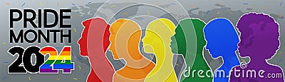 LGBT long banner. Silhouettes of diverse people are painted in the colors of the rainbow. Pride Month 2024. Vector Illustration